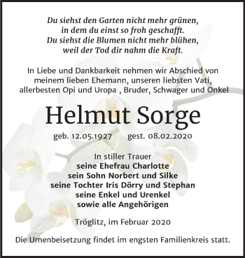 Traueranzeige von Helmut Sorge von Mitteldeutsche Zeitung Zeitz