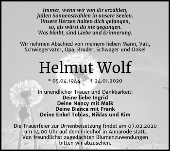 Traueranzeige von Helmut Wolf von Super Sonntag Mansfelder Land