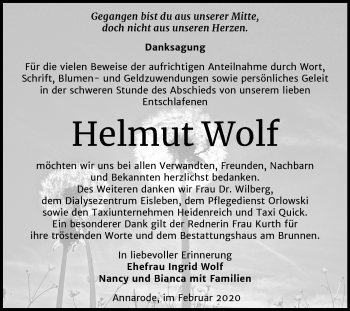 Traueranzeige von Helmut Wolf von Wochenspiegel Bernburg / Mansfelder Land