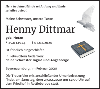 Traueranzeige von Henny Dittmar von Mitteldeutsche Zeitung Sangerhausen