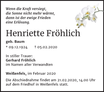 Traueranzeige von Henriette Fröhlich von Mitteldeutsche Zeitung Weißenfels