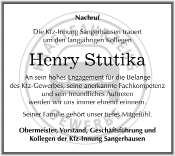 Traueranzeige von Henry Stutika von Mitteldeutsche Zeitung Sangerhausen