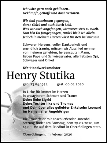 Traueranzeige von Henry Stutika von Mitteldeutsche Zeitung Sangerhausen