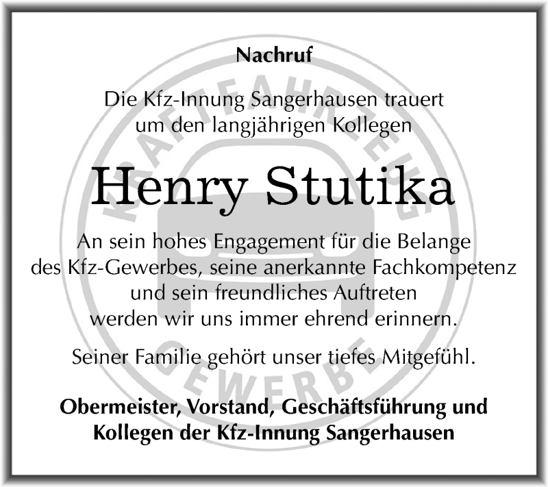  Traueranzeige für Henry Stutika vom 20.02.2020 aus Mitteldeutsche Zeitung Sangerhausen