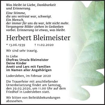 Traueranzeige von Herbert Bleimeister von Mitteldeutsche Zeitung Merseburg/Querfurt