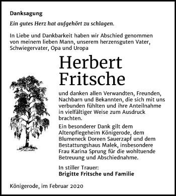Traueranzeige von Herbert Fritsche von Mitteldeutsche Zeitung Quedlinburg