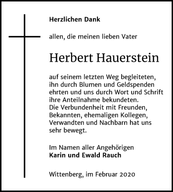 Traueranzeige von Herbert Hauerstein von Super Sonntag Wittenberg