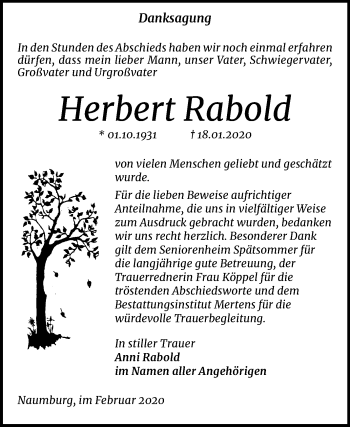 Traueranzeige von Herbert Rabold von Mitteldeutsche Zeitung Naumburg/Nebra