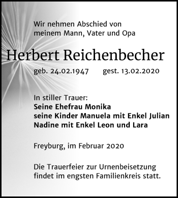 Traueranzeige von Herbert Reichenbecher von Wochenspiegel Naumburg/Nebra