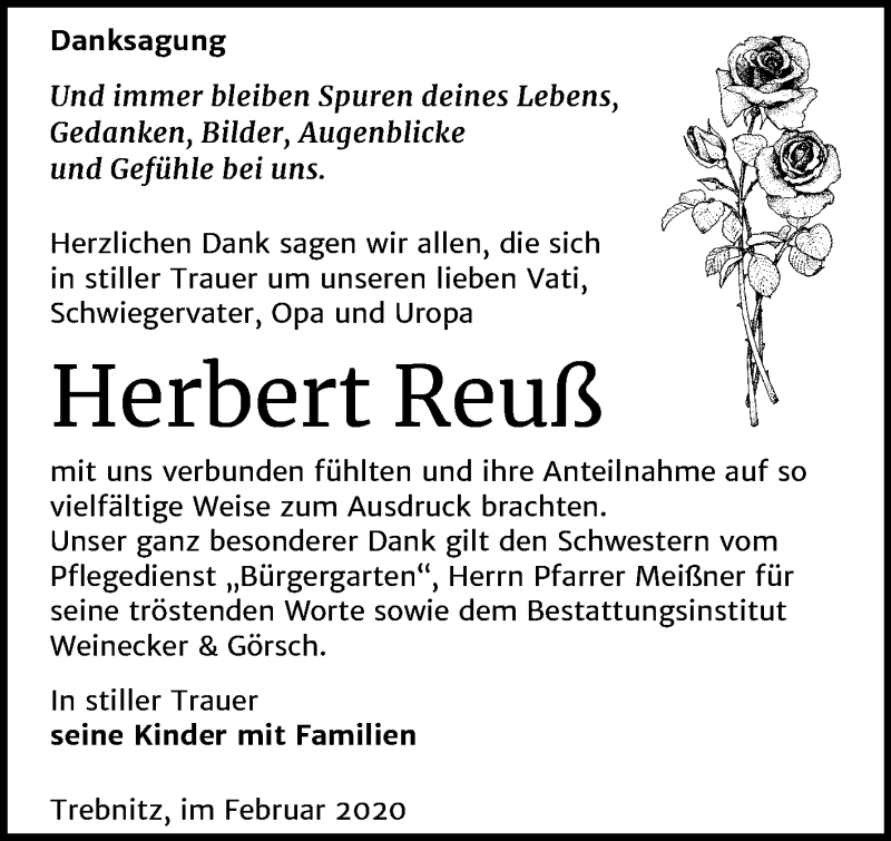  Traueranzeige für Herbert Reuß vom 08.02.2020 aus Super Sonntag Bernburg