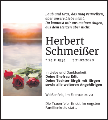 Traueranzeige von Herbert Schmeißer von Mitteldeutsche Zeitung Weißenfels