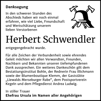 Traueranzeige von Herbert Schwendler von Super Sonntag Merseburg/Querfurt