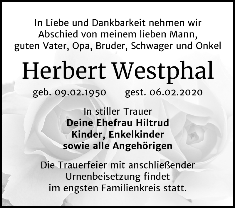  Traueranzeige für Herbert Westphal vom 15.02.2020 aus Mitteldeutsche Zeitung Köthen