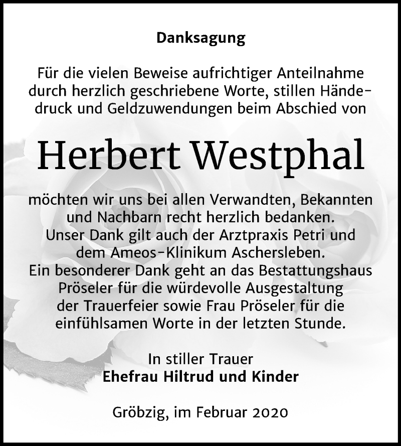  Traueranzeige für Herbert Westphal vom 29.02.2020 aus Mitteldeutsche Zeitung Köthen