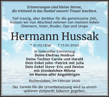 Traueranzeige von Hermann Hussak von Mitteldeutsche Zeitung Aschersleben