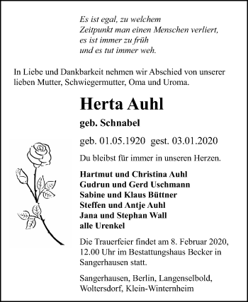 Traueranzeige von Herta Auhl von Mitteldeutsche Zeitung Köthen / Sangerhausen