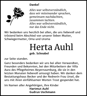Traueranzeige von Herta Auhl von Mitteldeutsche Zeitung Sangerhausen