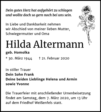 Traueranzeige von Hilda Altermann von Mitteldeutsche Zeitung Weißenfels