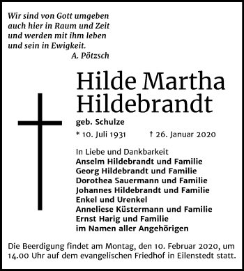Traueranzeige von Hilde Martha Hildebrandt von Mitteldeutsche Zeitung Quedlinburg / Zeitz / Naumburg/Nebra