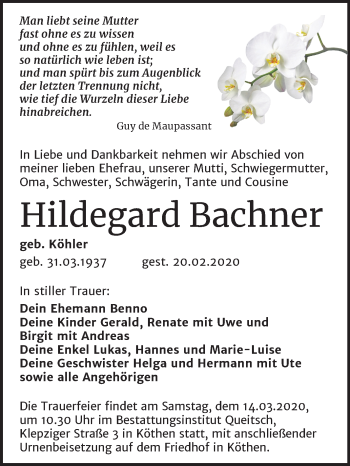 Traueranzeige von Hildegard Bachner von Super Sonntag Köthen