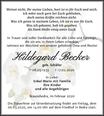 Traueranzeige von Hildegard Becker von Mitteldeutsche Zeitung Merseburg/Querfurt