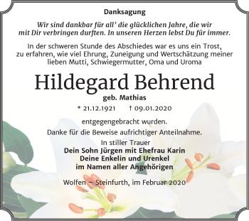 Traueranzeige von Hildegard Behrend von Mitteldeutsche Zeitung Bitterfeld