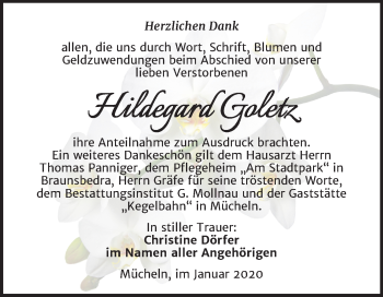 Traueranzeige von Hildegard Goletz von Mitteldeutsche Zeitung Merseburg/Querfurt