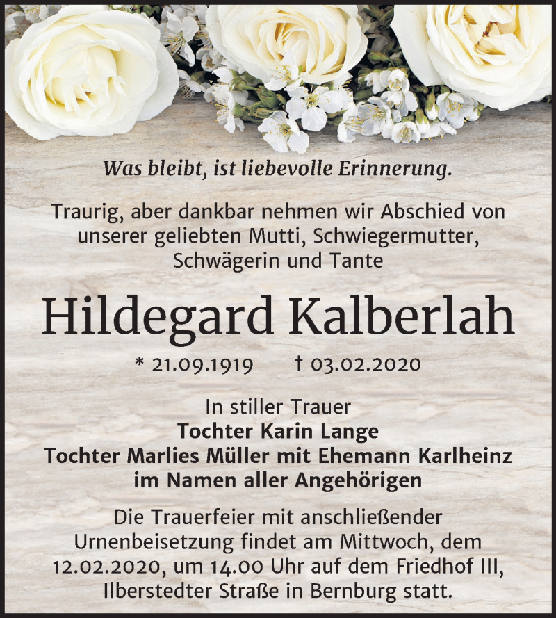  Traueranzeige für Hildegard Kalberlah vom 08.02.2020 aus Super Sonntag Bernburg