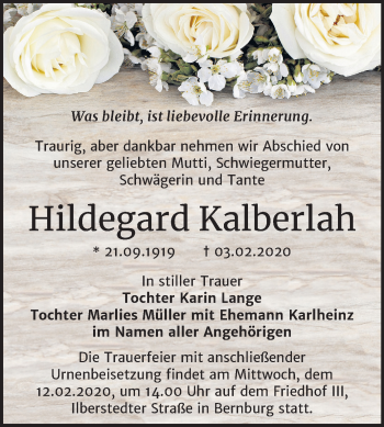 Traueranzeige von Hildegard Kalberlah von Mitteldeutsche Zeitung Bernburg