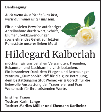 Traueranzeige von Hildegard Kalberlah von Super Sonntag Bernburg