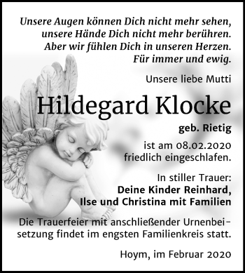 Traueranzeige von Hildegard Klocke von Super Sonntag Aschersleben