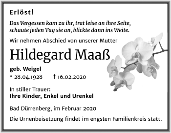 Traueranzeige von Hildegard Maaß von Mitteldeutsche Zeitung Merseburg/Querfurt