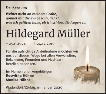 Traueranzeige von Hildegard Müller von Wochenspiegel Bitterfeld