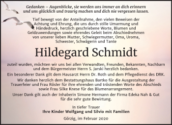 Traueranzeige von Hildegard Schmidt von Mitteldeutsche Zeitung Köthen