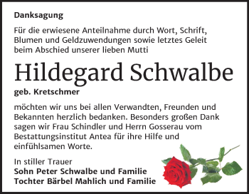 Traueranzeige von Hildegard Schwalbe von Super Sonntag Zeitz