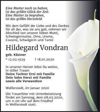 Traueranzeige von Hildegard Vondran von Wochenspiegel Sangerhausen