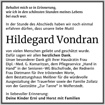 Traueranzeige von Hildegard Vondran von Wochenspiegel Sangerhausen