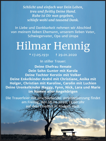 Traueranzeige von Hilmar Hennig von Wochenspiegel Bitterfeld