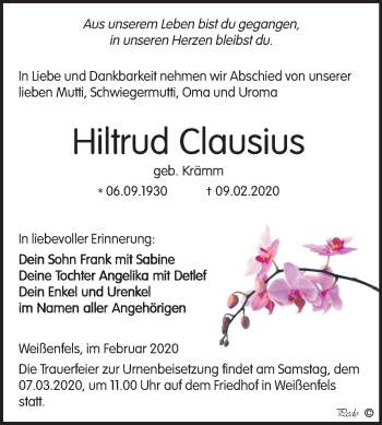 Traueranzeige von Hiltrud Clausius von Mitteldeutsche Zeitung Weißenfels