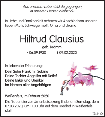 Traueranzeige von Hiltrud Clausius von Wochenspiegel Weißenfels