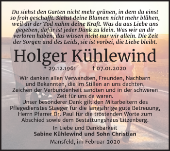 Traueranzeige von Holger Kühlewind von Mitteldeutsche Zeitung Mansfelder Land