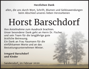 Traueranzeige von Horst Barschdorf von Wochenspiegel Bitterfeld