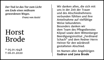 Traueranzeige von Horst Brode von Super Sonntag Wittenberg