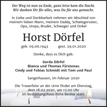Traueranzeige von Horst Dörfel von Mitteldeutsche Zeitung Sangerhausen