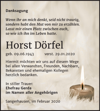 Traueranzeige von Horst Dörfel von Super Sonntag Sangerhausen