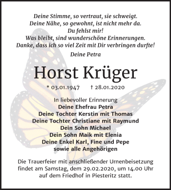 Traueranzeige von Horst Krüger von Super Sonntag Wittenberg