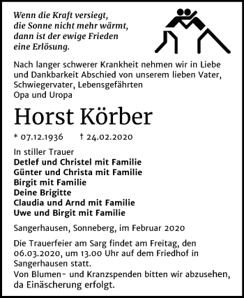 Traueranzeige von Horst Körber von Super Sonntag Sangerhausen