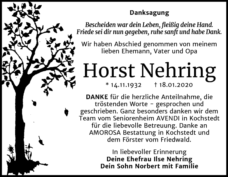  Traueranzeige für Horst Nehring vom 15.02.2020 aus Mitteldeutsche Zeitung Dessau-Roßlau