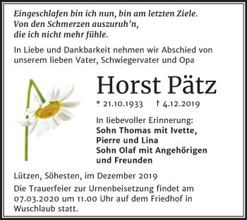 Traueranzeige von Horst Pätz von Mitteldeutsche Zeitung Weißenfels