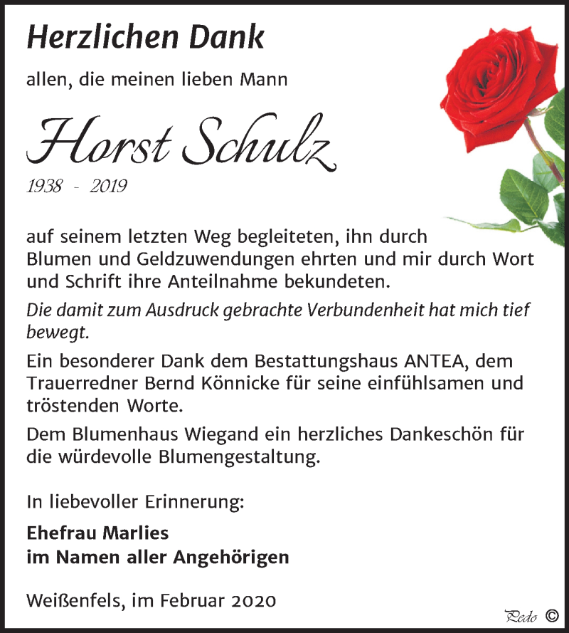  Traueranzeige für Horst Schulz vom 15.02.2020 aus Mitteldeutsche Zeitung Weißenfels